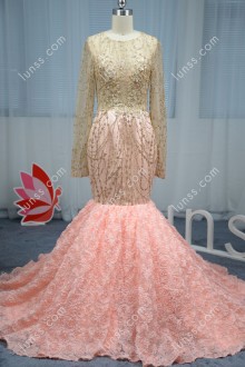 Beautiful gold glitter pink floral mermaid prom dress