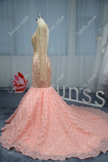 Beautiful gold glitter pink floral prom dress altered with tapering beaded appliques