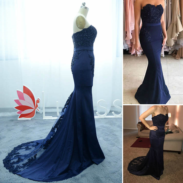 Navy strapless sequined lace altered mermaid homecoming prom dress