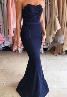 strapless navy prom dress