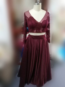 burgundy lace and satin stunning prom dress