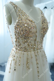 Golden Beaded V cut Prom Dress