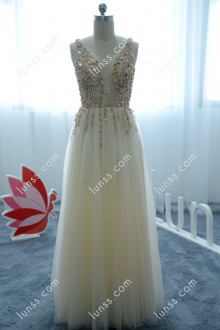 Golden Champagne Beaded sleeveless V cut Prom Dress