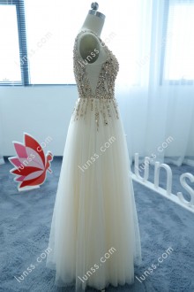 Golden Champagne sleeveless V cut Prom Dress