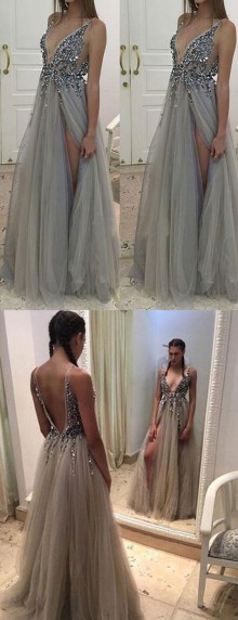 V cut beaded prom dress