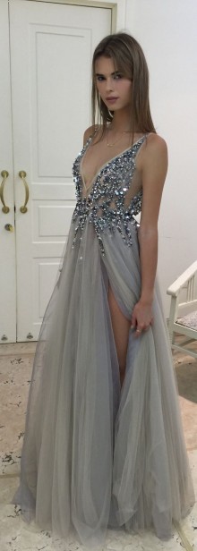 plunging V neck beaded prom dress