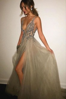 sleeveless V neck beaded prom dress