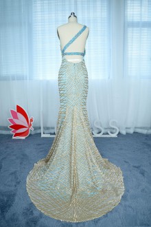 Customized Teal Dress with Geometric Gold Sequin Overlay