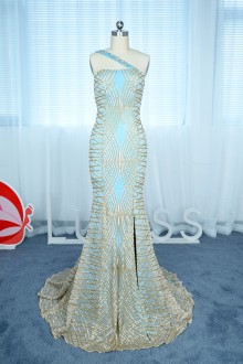 Teal Mermaid Dress with Geometric Gold Sequin Overlay