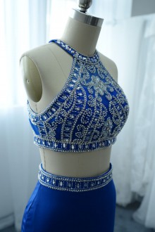 Blue Two piece Dress with Beaded Halter Crop Top