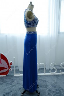 Blue Two piece Prom Dress with Beaded Halter Crop Top