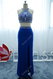 Blue Two piece Sheath Ankle Length Prom Dress