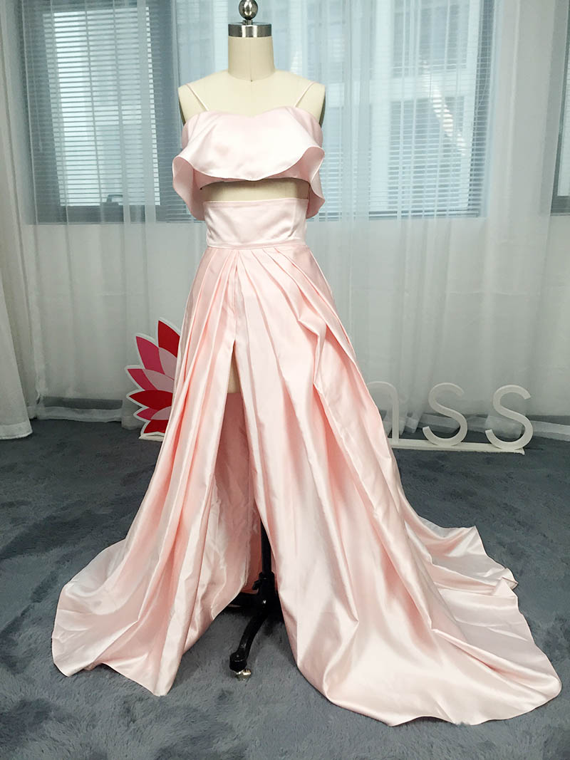 Sexy Two-piece Pink Satin Prom Dress with Thigh-high Slit - Lunss