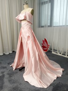 Two piece Pink Satin Prom Dress with Thigh high Slit
