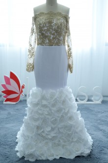 illusion off the shoulder gold lace top prom dress