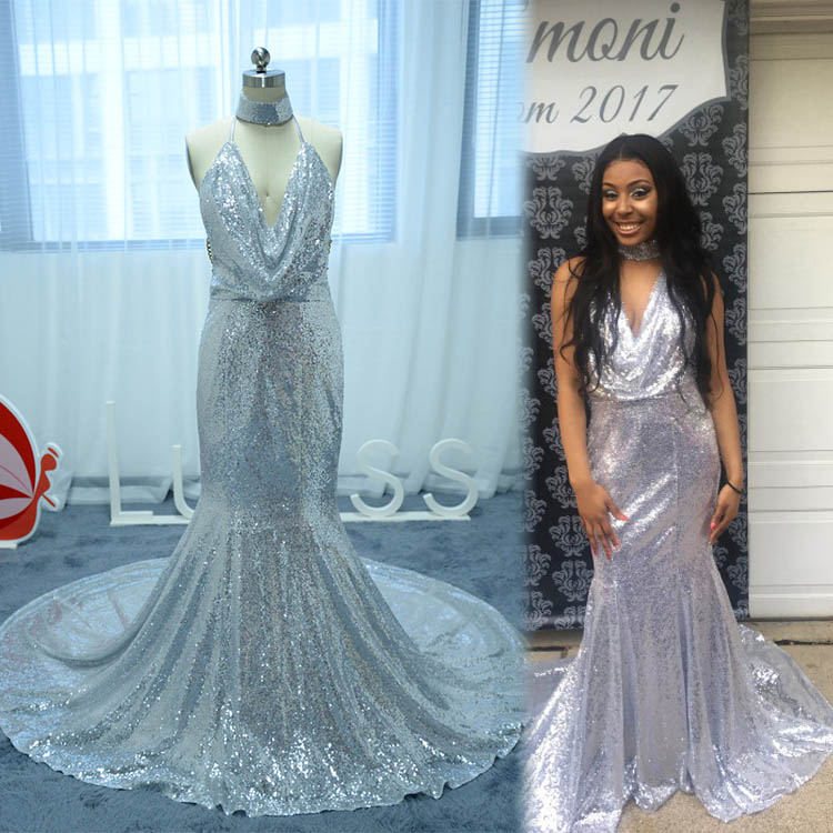 Beautiful Halter Silver Sequined Mermaid Dress with Choker Neckline