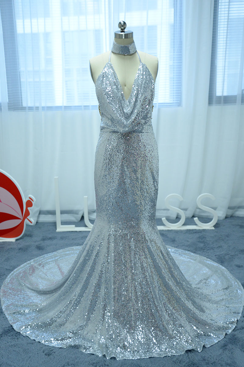 Beautiful Halter Silver Sequined Mermaid Dress with Choker Neckline - Lunss