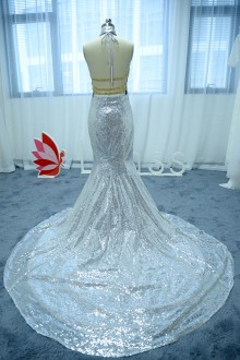 backless silver prom dress