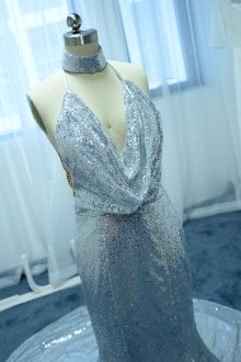 halter cowl neckline silver dress