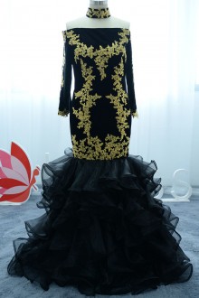 Off the shoulder Long Sleeve Gold Lace Appliqued Mermaid Dress