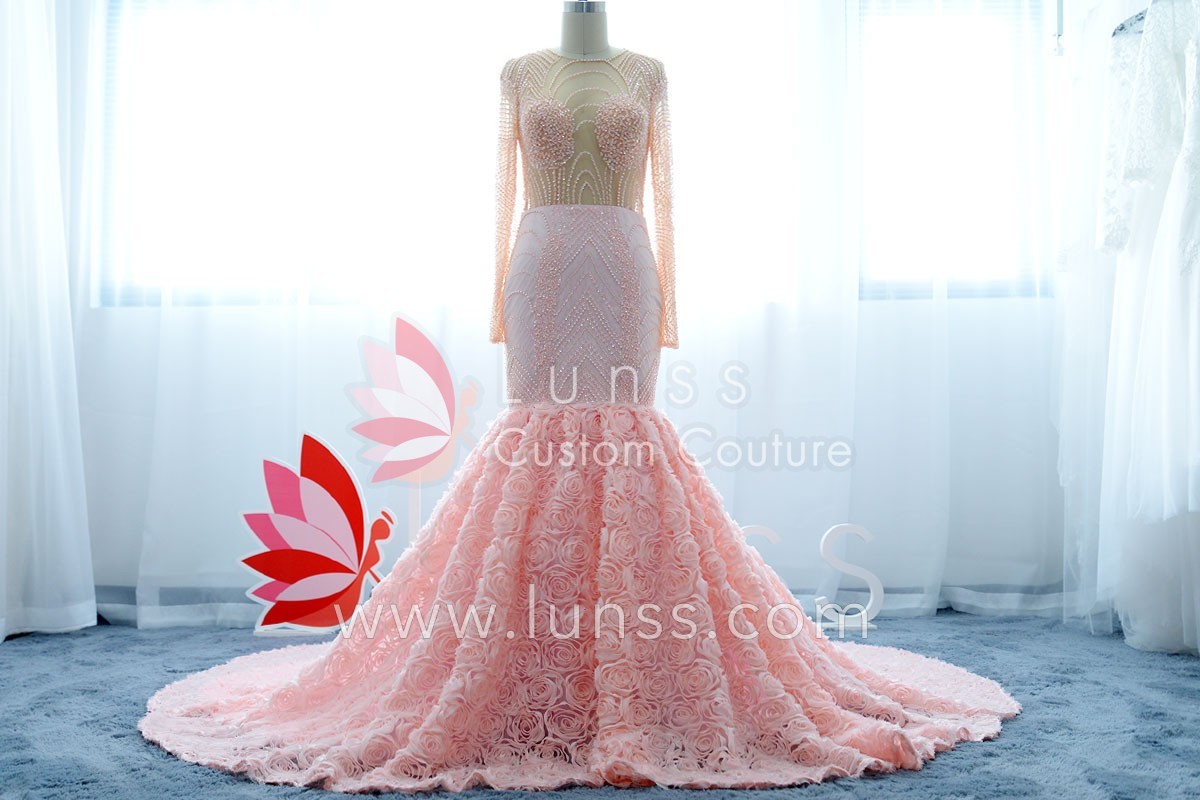 Luxury Pearls Beaded Top and Rose Trumpet Skirt Pink Prom Dress - Lunss