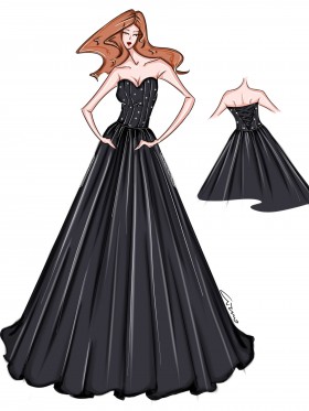 black beaded strapless dress sketch