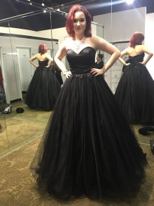 black beaded strapless satin dress