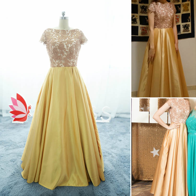 Exquisite Floral Gold Hollow Lace Elegant Cap sleeved Puffy Satin Prom Dress