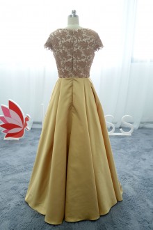 cap sleeve lace top gold prom dress