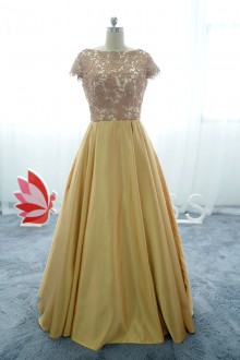 floral lace top and puffy satin bottom prom dress