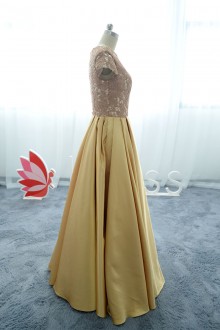 floral lace top and puffy satin bottom prom dress with cap sleeves