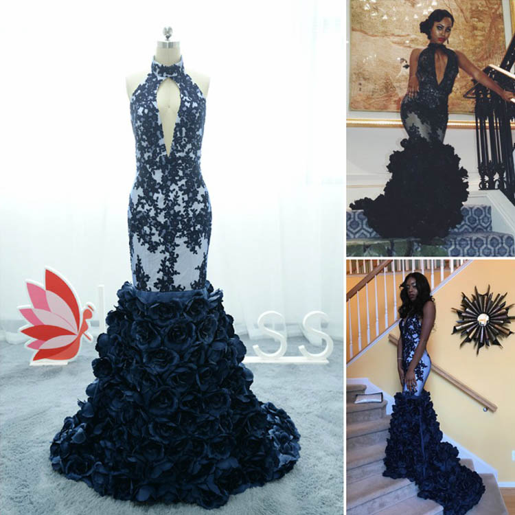 Midnight Lace Appliques Sleeveless Choker Neck Mermaid Prom Dress 3D Flowers
