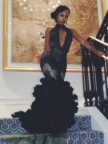dark navy 3D floral prom dress