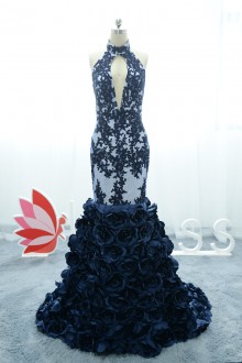 midnight lace appliques sleeveless choker neckline mermaid prom dress