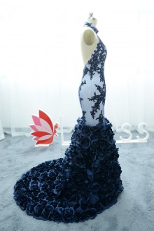 midnight lace appliques sleeveless mermaid prom dress with 3D flowers