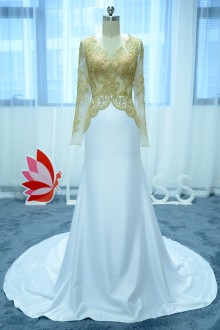 Gold Lace Top and White Satin Mermaid Prom Dress