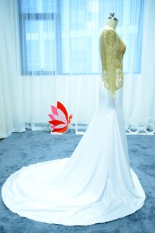 Gold Lace Top and White Satin Prom Dress with Chapel Train
