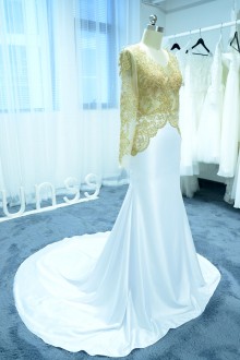 Gold and White Mermaid Prom Dress with Chapel Train