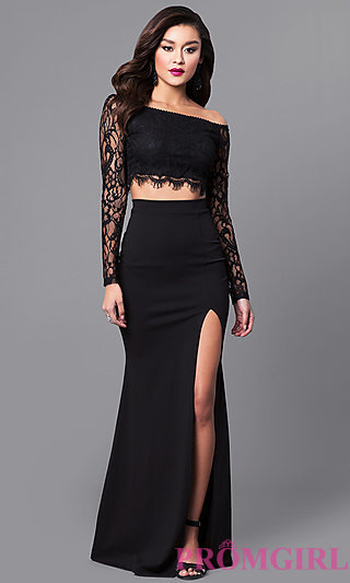 Black Off-the-shoulder Long Sleeve Mermaid Two-piece Lace Prom Dress ...