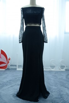 Black Long Sleeve Mermaid Two piece Lace Prom Dress