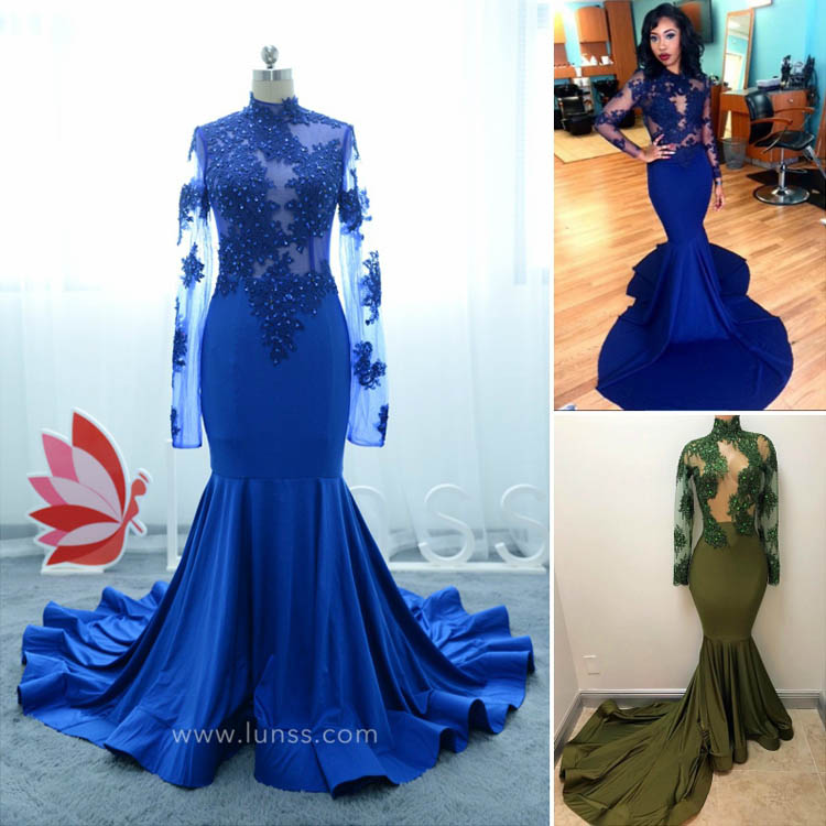 Blue Prom Dress Combined Illusion Sequined Lace Top and Jersey Mermaid Skirt