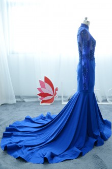 blue mermaid lace and jersey prom dress