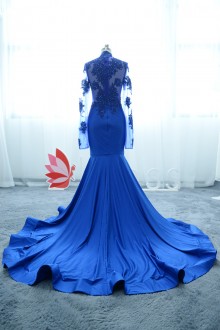 blue prom dress with long sleeves