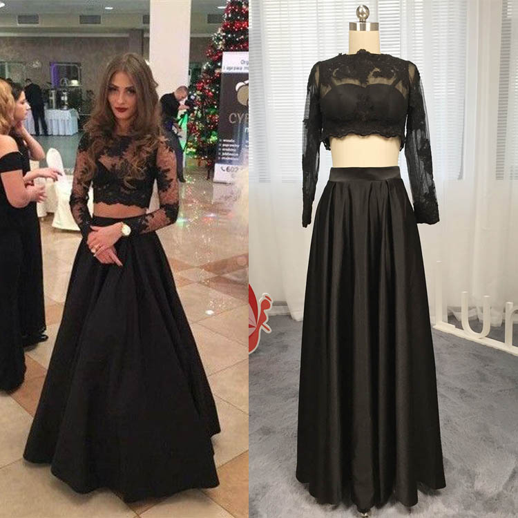 Black Two Piece Dress with Long Sleeve Top and Floor Length Skirt