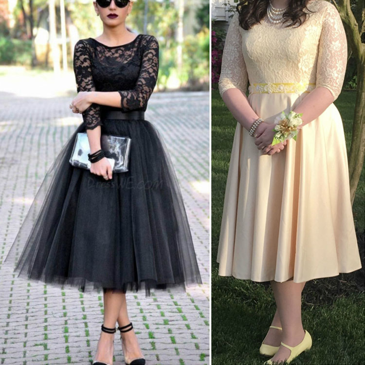 Champagne 3 4 sleeve lace beautiful Charmeuse tea length prom dress
