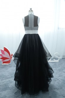 black and white satin tulle dress with layered skirt attached