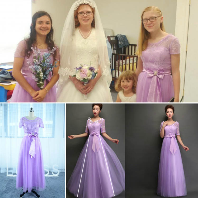 Customized Short Sleeve Floor Length Lavender Flowers Bridesmaid Dress