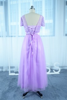 Customized Short Sleeve Lavender Flowers Bridesmaid Dress