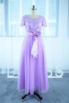 Short Sleeve Floor Length Lavender Flowers Bridesmaid Dress