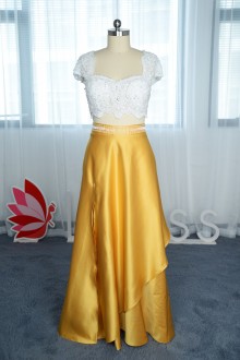beaded lace top and gold bottom two piece prom dress